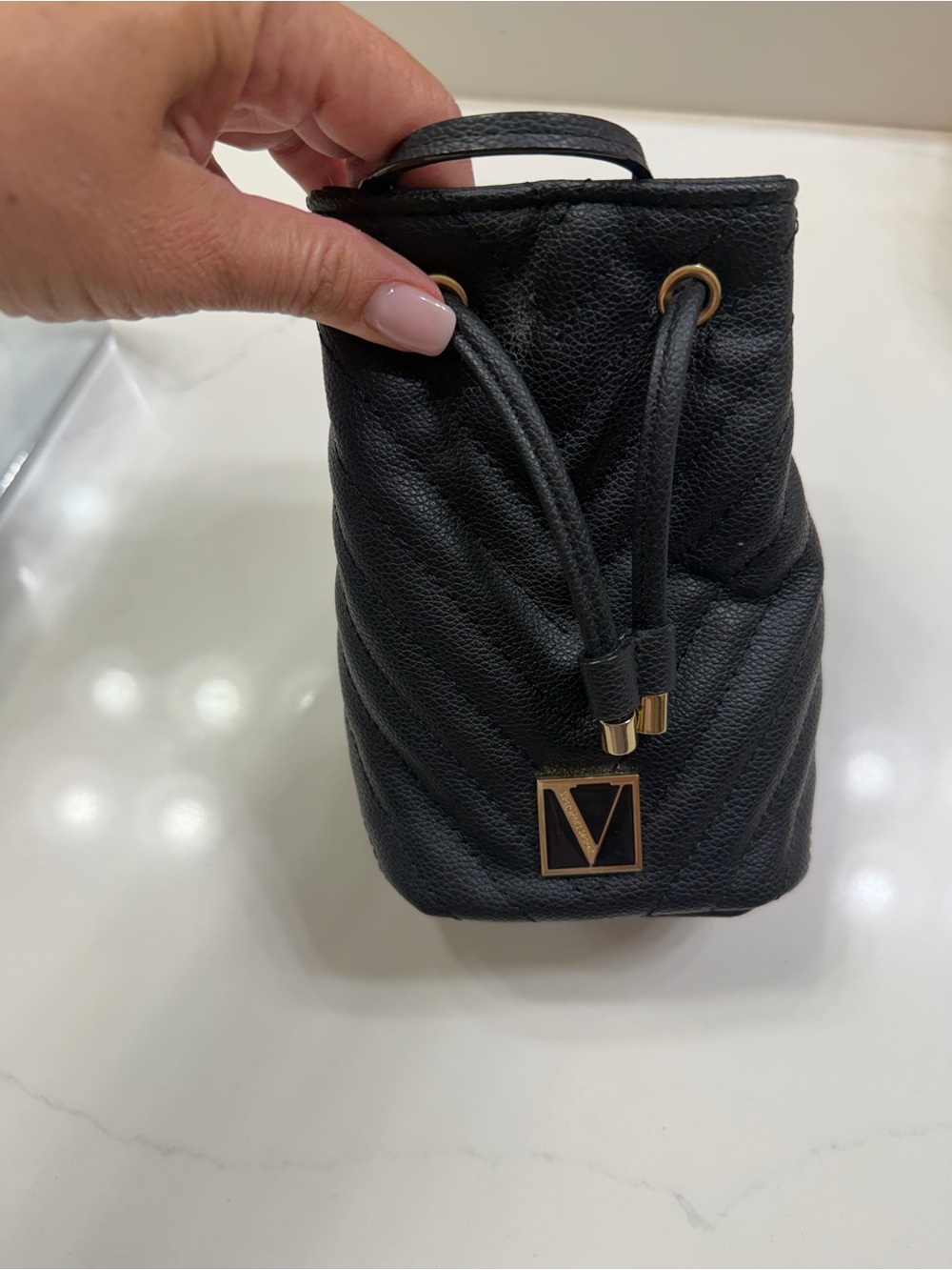 PINK Victoria's Secret Black Pebbled Drawstring Wristlet with Gold Logo
